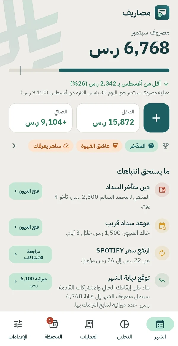 شاشة الشهر في تطبيق مصاريف: مصروف سبتمبر 6,768 ر.س، الدخل والصافي، وتنبيهات الديون والاشتراكات